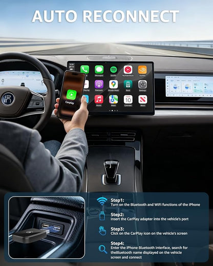 4 in 1 Wireless CarPlay Adapter Car Screen Mirroring Adapter for Apple iPhone& Android, Convert Wired CarPlay to Wireless, Stable Control & No Delay Latency, Plug and Play