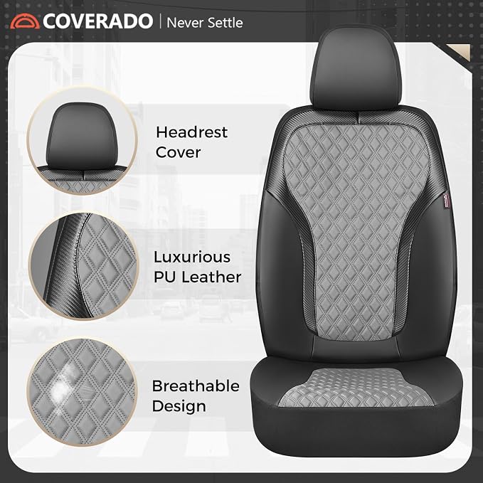 Coverado Car Seat Covers for Front Seats, Luxury Leather Car Seat Cover with Carbon Fiber Weave, Waterproof Automotive Seat Protectors 2-Pack, Driver Seat Covers Universal Fit Most Cars, Black&Gray