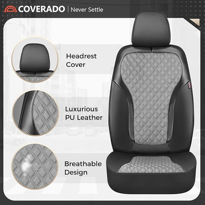 Coverado Car Seat Covers for Front Seats, Luxury Leather Car Seat Cover with Carbon Fiber Weave, Waterproof Automotive Seat Protectors 2-Pack, Driver Seat Covers Universal Fit Most Cars, Black&Gray