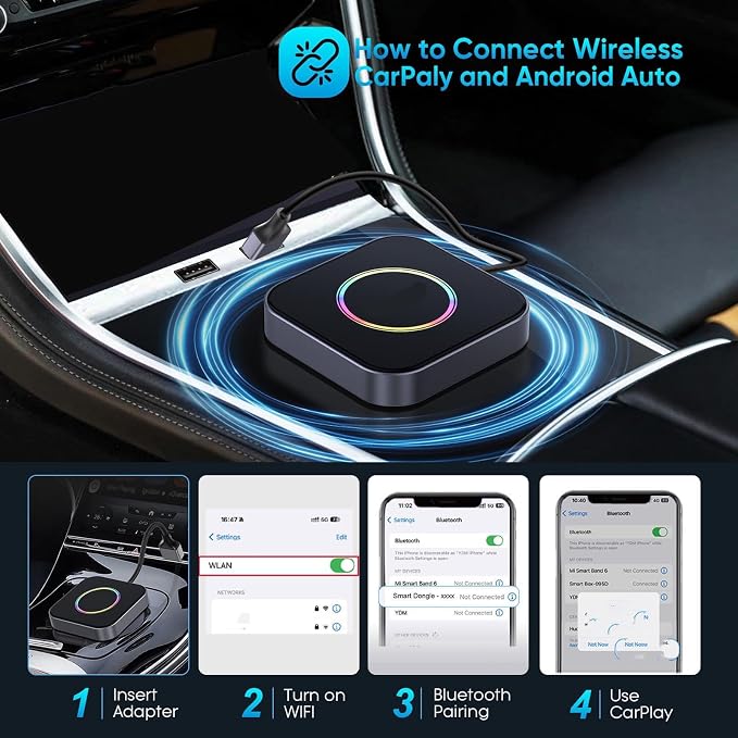 Yunseity AI Box Wireless Auto Adapter, 2 in 1 Wireless Adapter, Seamless Wireless Experience, Double APP Functionality, for Cars with Wired CarPlayAndroid Auto.