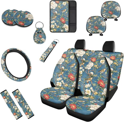 Floral Car Seat Cover Full Set of 13, Vintage Flowers Bird Vehicle Headrest Cover Cup Holder Coaster, Chinoiserie Automotive Interior Covers for Sedans Trucks