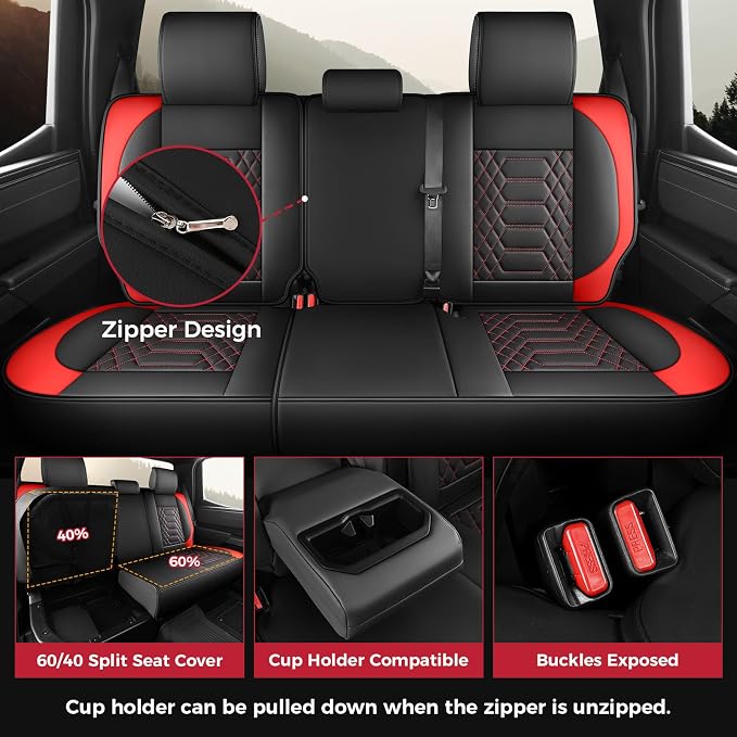 FREESOO Tundra Seat Covers 2026 2025 2024 2023 2022 Full Set, Fit for Toyota Tundra Crewmax Double Cab, Custom Truck Seat Covers with Waterproof Faux Leather BlackRed