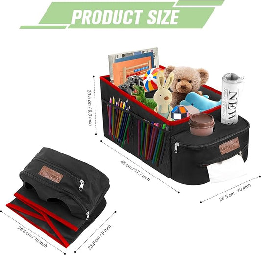 FUNNy elf Car Seat Organizer - Passenger Seat Organizer, Collapsible Car Storage with Partitions & 4 Cup Holders for Front Seat or Back Seat (Red)