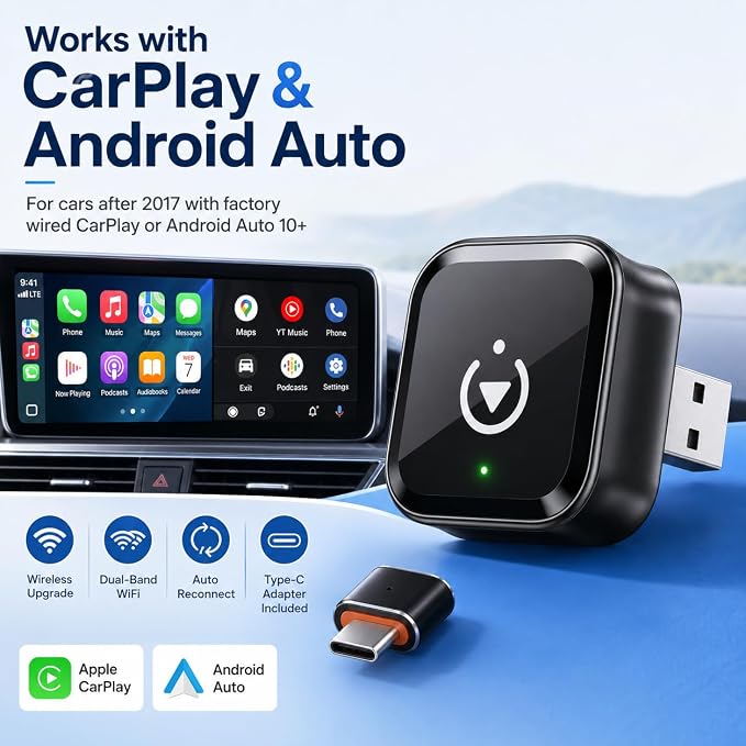 2026 Wireless CarPlay Adapter for iPhone & Android Auto, Mini Wired to Wireless Car Play Adapter, Fast Low-Lag Auto-Connect Bluetooth CarPlay Dongle, Stable Connection, USB & Type-C for Cars