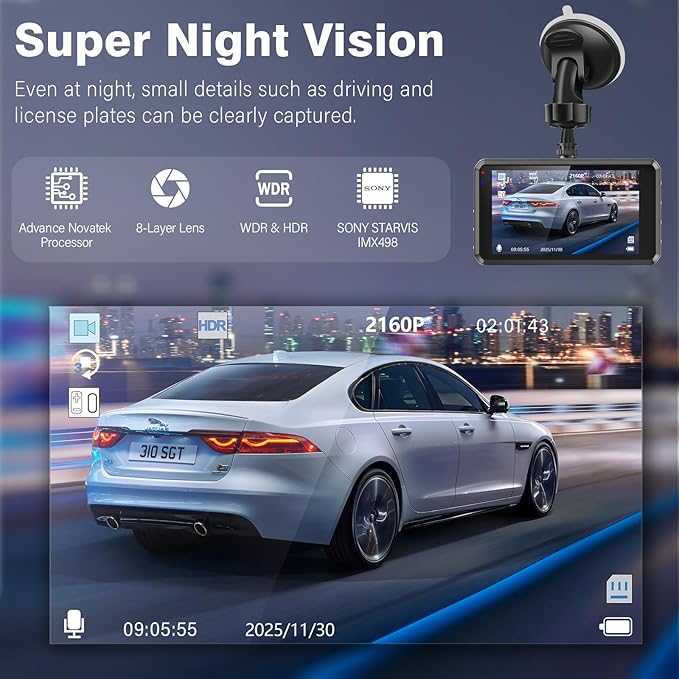 SHRINLUCK 2K Dual Dash Camera for Cars, Free 64G SD Card, FHD 2K+1080P Dash Cam Front and Rear,3.2'' IPS Screen,176° Wide Angle Dashcam,24H Parking Monitor,G-Sensor,Loop Recording,Night Vision,WDR