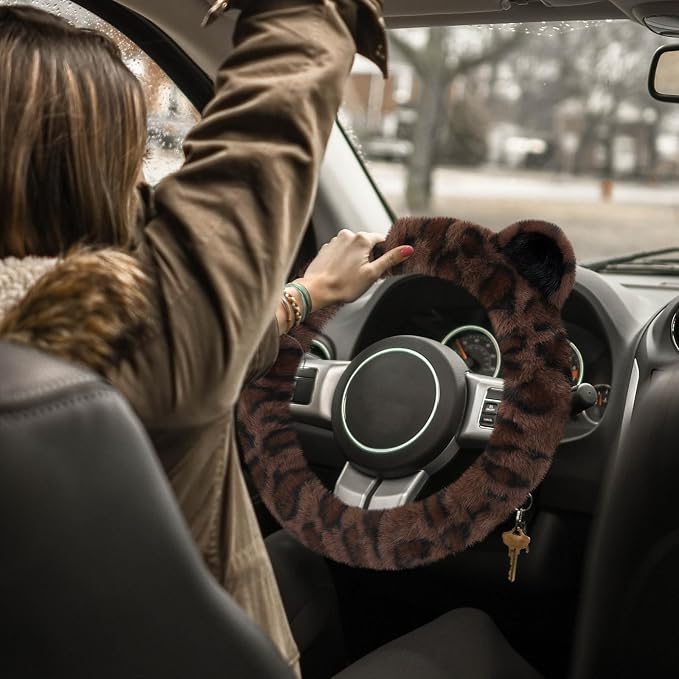 Accmor Fuzzy Car Steering Wheel Cover, Warm Fluffy Leopard Steering Wheel Cover with Cute Ears, Soft Plush Furry Car Accessories Decor for Women, Non-Slip Universal 15 inch Fit Vehicle, Truck, SUVs