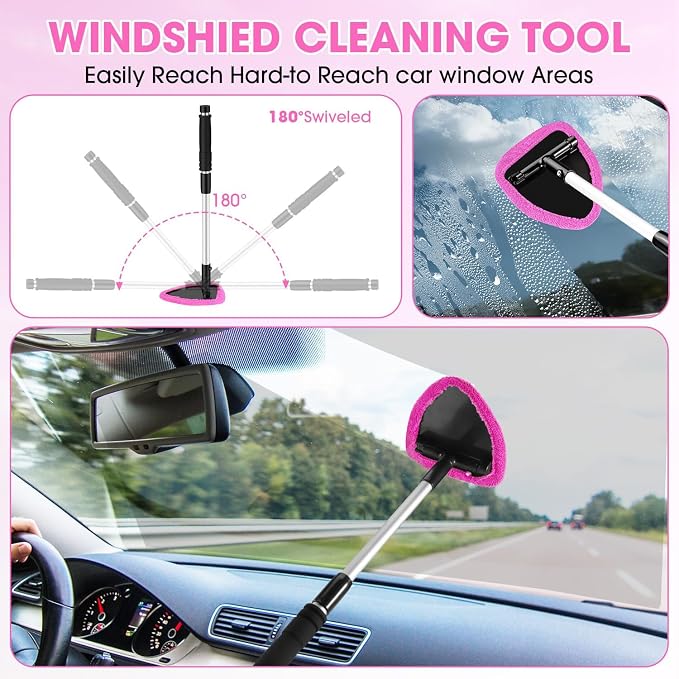 Pink Windshield Cleaner Tool, Car Interior Cleaning Kit with Extendable Handle and 3 Reusable Microfiber Pads, Auto Glass Wiper and Detailing Brush Kit for Car & Home Window