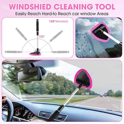 Pink Windshield Cleaner Tool, Car Interior Cleaning Kit with Extendable Handle and 3 Reusable Microfiber Pads, Auto Glass Wiper and Detailing Brush Kit for Car & Home Window