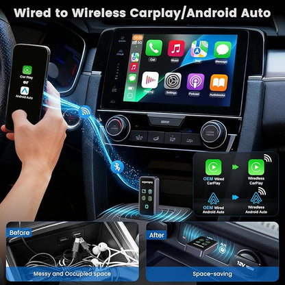 4 In 1 Wireless CarPlay Adapter, Screen Mirroring Adapter Support iPhone iOS 10+ & Android 11+ to Car Screen to Watch Videos, Wired to Wireless, No Delay (CarPlay+Airplay+Android Auto+ Mirror Link)