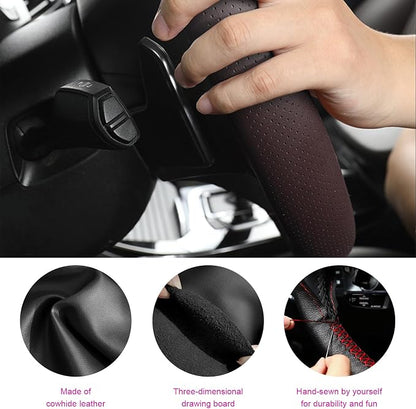 Ziciner Genuine Leather Steering Wheel Cover, Stitch on Wrap, Breathable Anti-Slip Car Steering Wheel Protector for Max Diameter 15 Inch, DIY Sewing with Needles Thread (Coffee, Middle Hole)