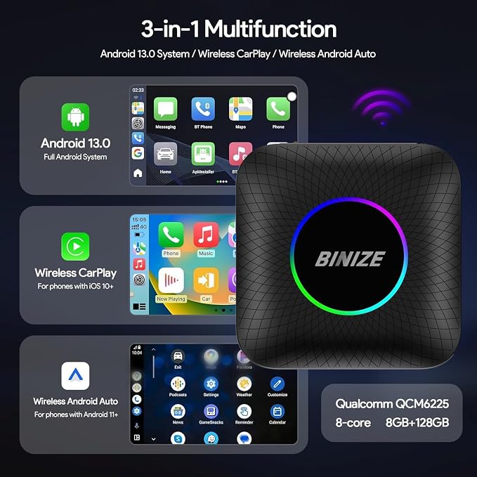 BINIZE Android 13 AI Box for Car: Wireless CarPlay & AndroidAuto Converter (8GB+128GB) | Plug & Play Upgrade for OEM Wired CarPlay/AndroidAuto Vehicles