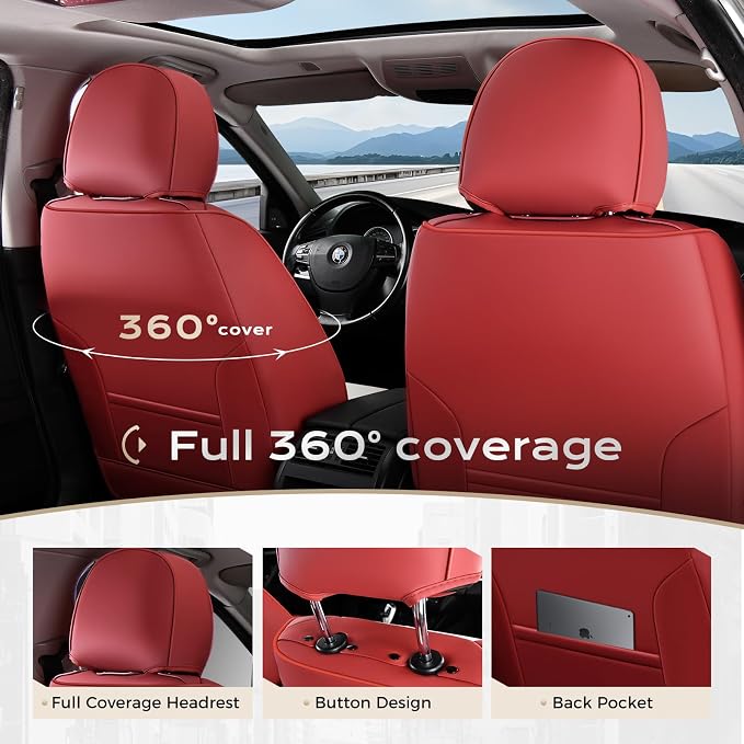 Coverado Seat Covers, Car Seat Covers Front Seats, Car Seat Cover, Car Seat Protector Waterproof, Seat Cushion Nappa Leather with Head Pillow, Carseat Cover Universal Fit for Most Cars (Red&White)