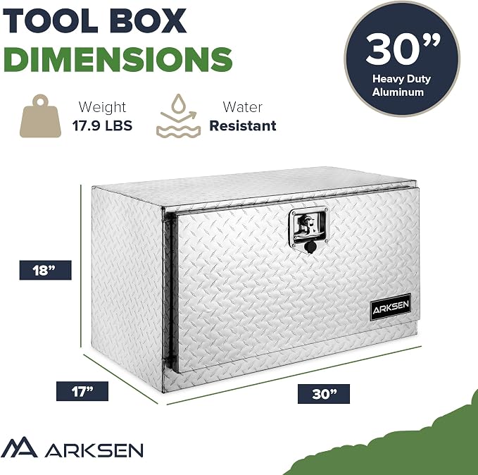 ARKSEN 30 x 17 x 18 Inch Underbody Tool Box, Heavy Duty Aluminum Diamond Plate Waterproof Square Storage Organizer Chest with T-Handle Lock & Keys for Pickup Truck, RV & Trailer – Silver