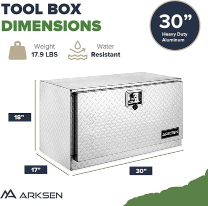 ARKSEN 30 x 17 x 18 Inch Underbody Tool Box, Heavy Duty Aluminum Diamond Plate Waterproof Square Storage Organizer Chest with T-Handle Lock & Keys for Pickup Truck, RV & Trailer – Silver