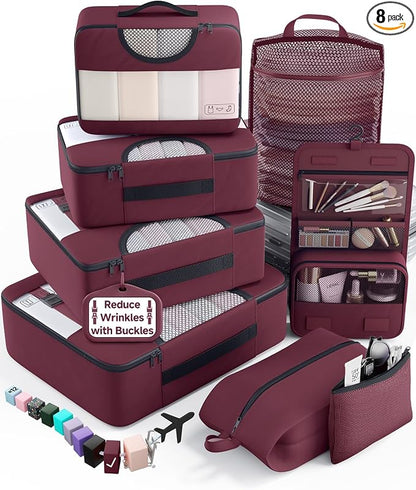 Veken 8 Set Packing Cubes for Travel Essentials,Anti-Wrinkle Buckled Suitcase Organizer for Shoe & Toiletry Bag,Carry On Luggage Bag with 99+ Count Mesh Holes for Airplane & College Dorm Accessories