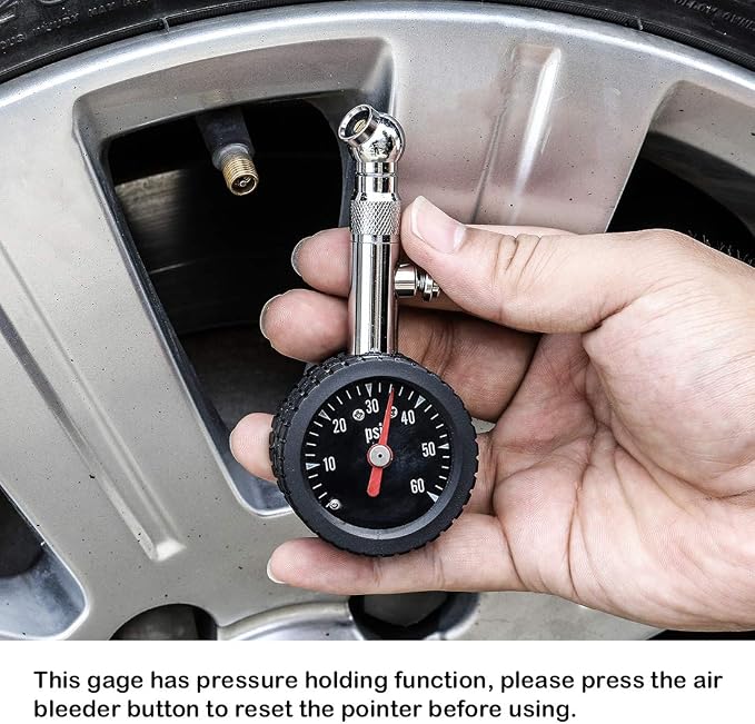 CZC AUTO Heavy Duty Tire Pressure Gauge, ANSI B40.1 Accurate Mechanical Air Gage, Chrome Plated Brass Stem Rotating Single Chuck Dial Wheel Pressure Tester for Motorcycle Bike Car RV Bicycle, 0-60PSI