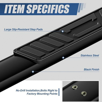 Auto Dynasty Running Boards Compatible with 1999-2014 Chevy Silverado GMC Sierra 1500 2500 3500 Extended Cab, Stainless Stee Side Step Rail Nerf Bars, 5" Step Bars, Black Powdercoated