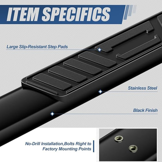 Auto Dynasty Running Boards Compatible with 1999-2014 Chevy Silverado GMC Sierra 1500 2500 3500 Extended Cab, Stainless Stee Side Step Rail Nerf Bars, 5" Step Bars, Black Powdercoated