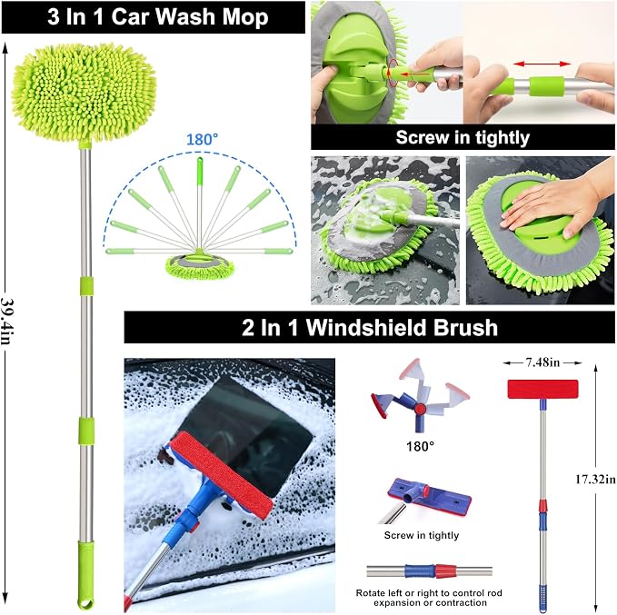 44Pcs Car Wash Detailing Kit Cleaning Kits with Foam Gun Sprayer Wash Mop with Long Handle Collapsible Bucket Large Wash Mitt Towels Complete Interior Exterior Car Washing Supply Set Black