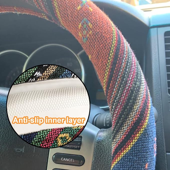 Boho Steering Wheel Cover for Women Men Baja Blanket Enthic Car Steering Wheel Cover Ethnic Car SUV Wheel Protector, Breathable, Anti-Slip, Odorless, Universal Fit 14.5-15 Inch