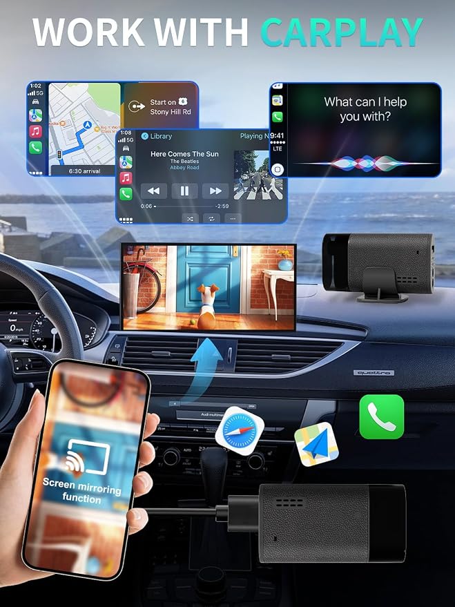 4in1 Wireless Adapter for Apple CarPlay&Andriod Auto&AirCast&MiraCast with Auto Emergency Rescue Device, Connection for Convert Wired to Wireless and Safety