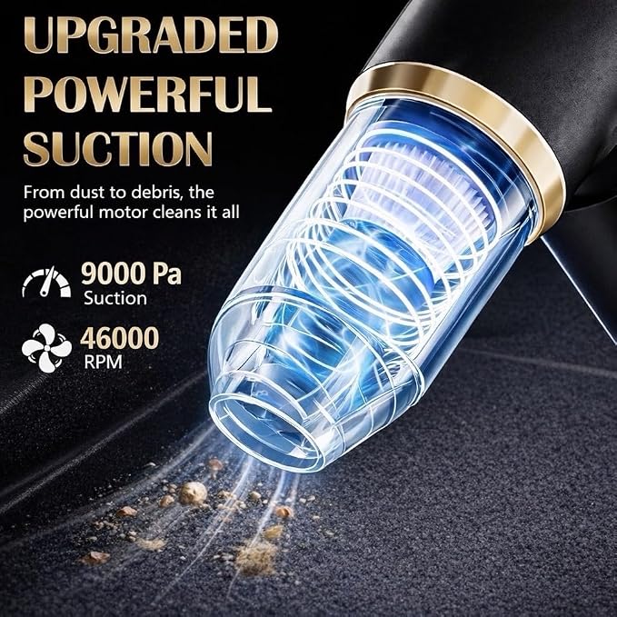 Portable Car Vacuum and Air Duster, 9000pa Suction, 4000mah Battery, USB-C Charging, Black and Gold, with 6 Attachments