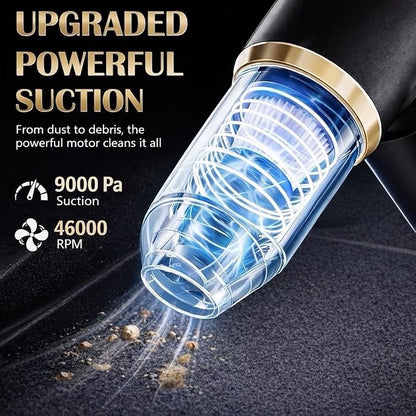 Portable Car Vacuum and Air Duster, 9000pa Suction, 4000mah Battery, USB-C Charging, Black and Gold, with 6 Attachments