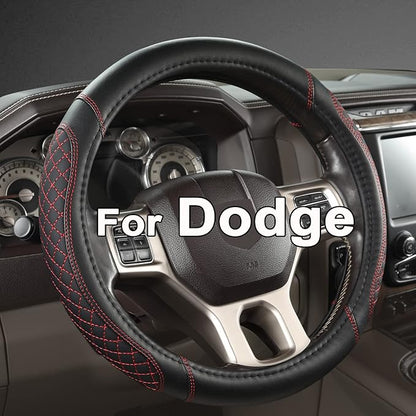 West Llama Customized Auto Car Steering Wheel Cover for Dodge 1989-2011 RAM 1500 2500 3500, Charger, Durango, Challenger (Diamond Quilted-Black+Red-Standard Size)