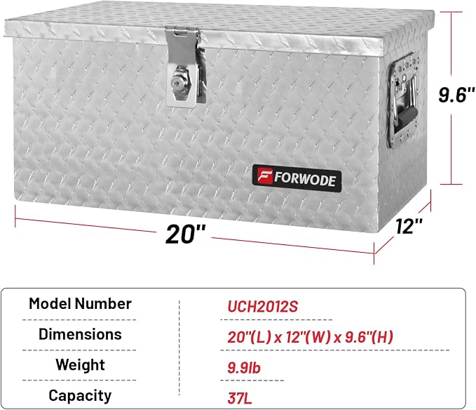 FORWODE 20 Inch Aluminum Truck Tool Box Lockable Truck Bed Tool Box Waterproof Truck Bed Storage Box with Side Handle Small Truck Tool Chest for Pickup, Truck Bed, RV, Trailer & Garage (Silver)