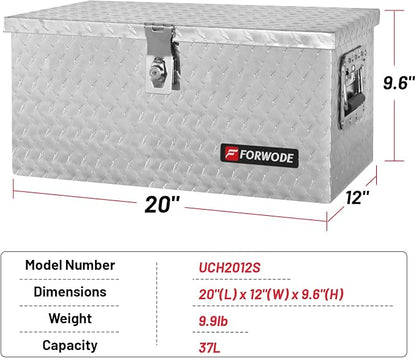 FORWODE 20 Inch Aluminum Truck Tool Box Lockable Truck Bed Tool Box Waterproof Truck Bed Storage Box with Side Handle Small Truck Tool Chest for Pickup, Truck Bed, RV, Trailer & Garage (Silver)