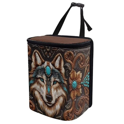 Talayituse Vintage Brown Wolf Print Car Trash Bin, Large Size Auto Trash Can Adjustable Portable Garbage Can with Lid, Vehicle Hanging Bag for Headrest Front Back Seat