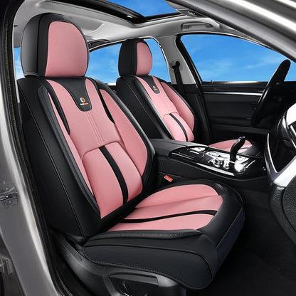 Huidasource Seat Covers Full Set Luxury Nappa Leather, Seat Covers with Velcro Adjustable, Airbag, Lumbar Support, Cooling＆Heating, Car Seat Cover Set Universal Fit for Most Cars SUV Trucks Black＆Pink