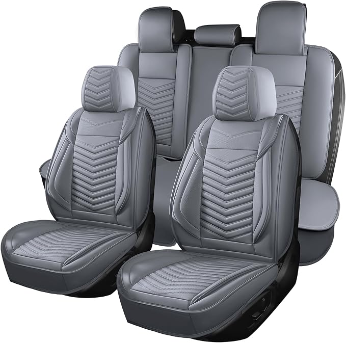 HChengkikz Nappa Leather Car Seat Covers Full Set, Gray Car seat Protector 5 Seats, Waterproof Car Seat Cushion, Universal Automotive Seat Covers Fit for SUV Truck Pick-up Sedan, Front and Rear