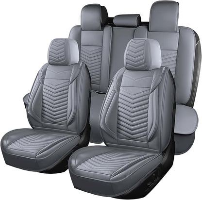 HChengkikz Nappa Leather Car Seat Covers Full Set, Gray Car seat Protector 5 Seats, Waterproof Car Seat Cushion, Universal Automotive Seat Covers Fit for SUV Truck Pick-up Sedan, Front and Rear