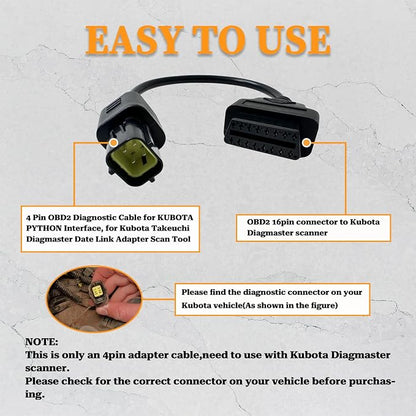 4 Pin OBD1 to OBD2 Adapter Cable for KUBOTA Diagnostic Tools,Fits Kubota 4pin OBD2 Adapter Connector, Work with Kubota Interface OBD II Diagnostic Scanner Tool/Code Reader