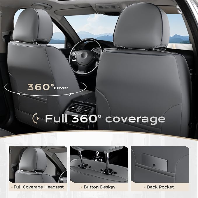 Coverado Car Seat Covers Full Set, Front Seat Covers with Lumbar Support and Back Seat Cover Waterproof Leather Automotive Seat Cover, Universal Car Interior Protectors Cushion for Most Cars
