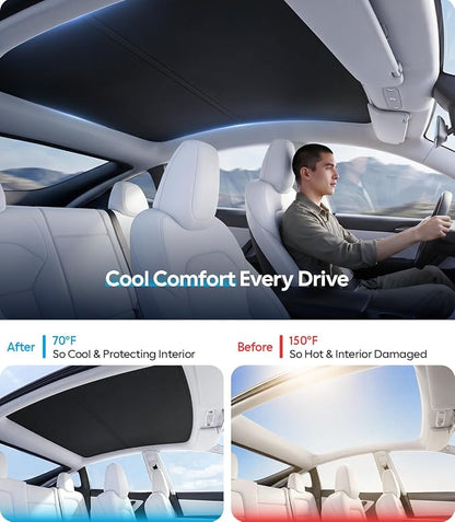Wigoo Tesla Model Y Sunshade Roof [Never Sag, Nano Ice-Crystal Coatings] 3-Gen Heat Insulation Glass Roof Sun Shade, Accessories for Tesla Model Y 2020~2025, Black