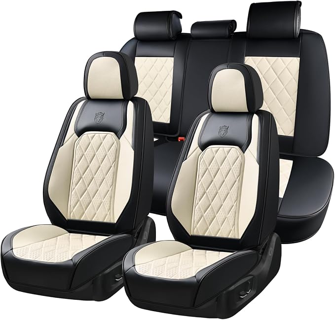 Coverado Car Seat Covers Full Set, Faux Leather Seat Covers for Car, Waterproof Car Seat Protectors 5 Seats, Automotive Seat Covers Universal Fit for Most Cars SUV Trucks- Black&White