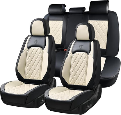 Coverado Car Seat Covers Full Set, Faux Leather Seat Covers for Car, Waterproof Car Seat Protectors 5 Seats, Automotive Seat Covers Universal Fit for Most Cars SUV Trucks- Black&White