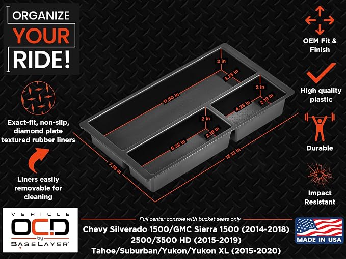 Center Console Organizer Tray for Chevy Silverado/GMC Sierra 1500 (2014-18) & 2500/3500 HD (2015-19) / Chevy Suburban/Tahoe/GMC Yukon (2015-20) - Made in USA - SLX123
