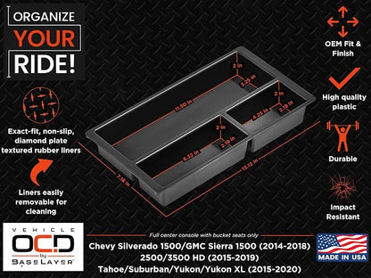 Center Console Organizer Tray for Chevy Silverado/GMC Sierra 1500 (2014-18) & 2500/3500 HD (2015-19) / Chevy Suburban/Tahoe/GMC Yukon (2015-20) - Made in USA - SLX123