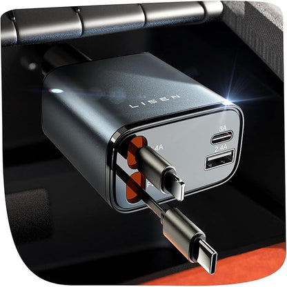 LISEN Retractable Car Charger, 84W Car Charger USB C Fast Charger Adapter, Car Accessories for Men Women, Gifts for Fathers Day for Men Dad Husband, for iPhone 17 16 15 14 13 12 Pro Max, Christmas | Multiple Ports Car Charger, Retractable Car Charger F...