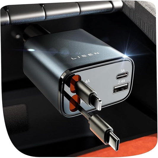 LISEN Retractable Car Charger, 84W Car Charger USB C Fast Charger Adapter, Car Accessories for Men Women, Gifts for Fathers Day for Men Dad Husband, for iPhone 17 16 15 14 13 12 Pro Max, Christmas | Multiple Ports Car Charger, Retractable Car Charger F...
