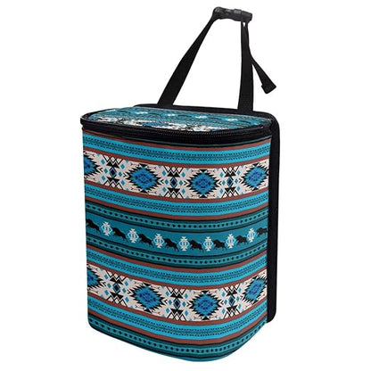 Aztec Tribal and Cattle Pattern Car Trash Can with Lid and Zipper Portable Foldable Ethnic Style Trash Bin for Car Interior Accessories Multipurpose Garbage Can Bags Storage Organizer