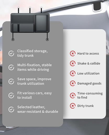 PU Leather Trunk Organizer for SUV, Sedan & Truck | Durable & odor-free rigid PU, 36in vertical storage with 4 pockets, shape-locked & water-wipeable, expands trunk room