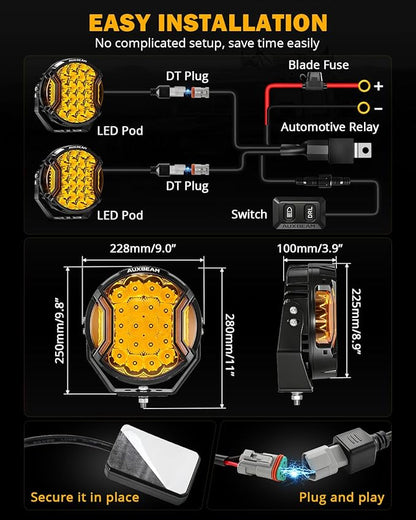 Auxbeam V-Ultra 9" Round Amber Pod Lights, 270° Ultra-Wide Side Shooter Spotlights with Amber DRL& Black Cover, 300W 35600LM Universal Dual Color Off-Road Driving Fog Light Bar for Jeep Truck ATV