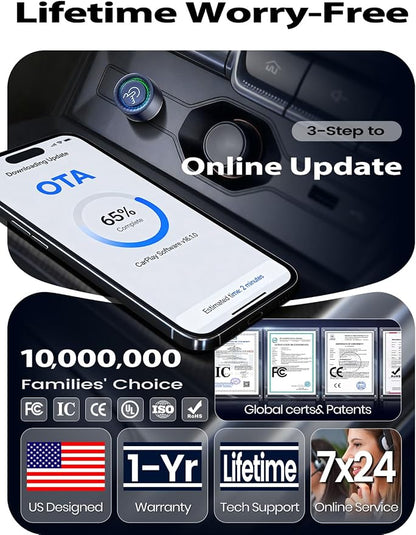 Wireless CarPlay & Android Auto Adapter, Fast Auto Connect, No Lag, Easy Device Switching for Shared Cars, Plug & Play, Compact 2-in-1 Design, 5GHz WiFi, Compatible with iPhone & Android