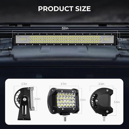 LED Light Bar for Truck - 32 inch Light Bar and 4 Inch Led Pods Flood Spot Combo Beam Tractor Work Lights Super Bright Off Road Driving Lights with Wiring Harness for UTV ATV Boat