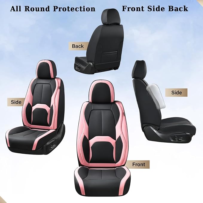 Coverado Seat Covers, Car Seat Covers Front Seats, Nappa Leather Seat Covers for Cars, Waterproof Car Seat Protector with Lumbar Support, Front Seat Covers Universal Fit for Most Cars (Black&Pink)