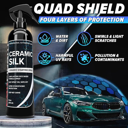 Carfidant Ceramic Silk - Ceramic Coating Spray - High Gloss, Hydrophobic Protection & Chemical Resistance for Cars, RVs & Boats - Long-Lasting Shine & Durability for Exterior Detailing - 16.9 fl. Oz.